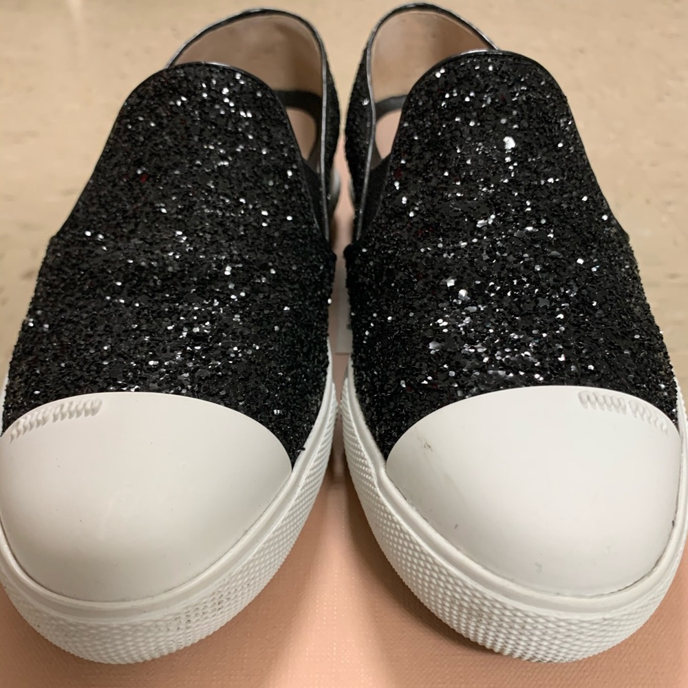 Miu Miu black glitter white cap slip on